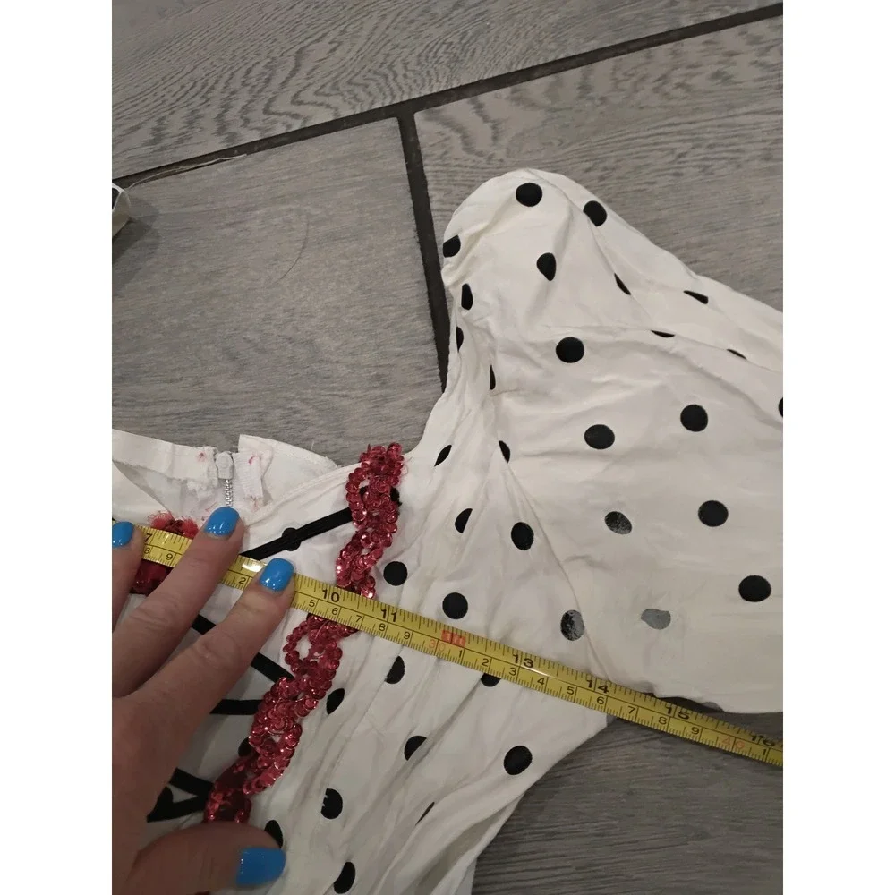 Kids White Black Polka Dot Costume Dress Red Sequin Trim Lace Up Bodice